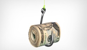 A roll of cash on a fishhook isolated on a white background.