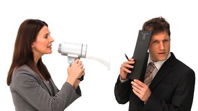 businesswoman-giving-orders-megaphone-next-to-man-39947109