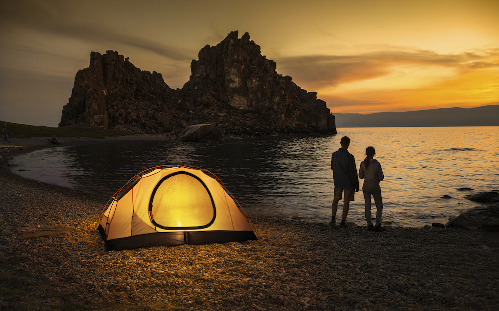 Camping at lake and beautiful sunset